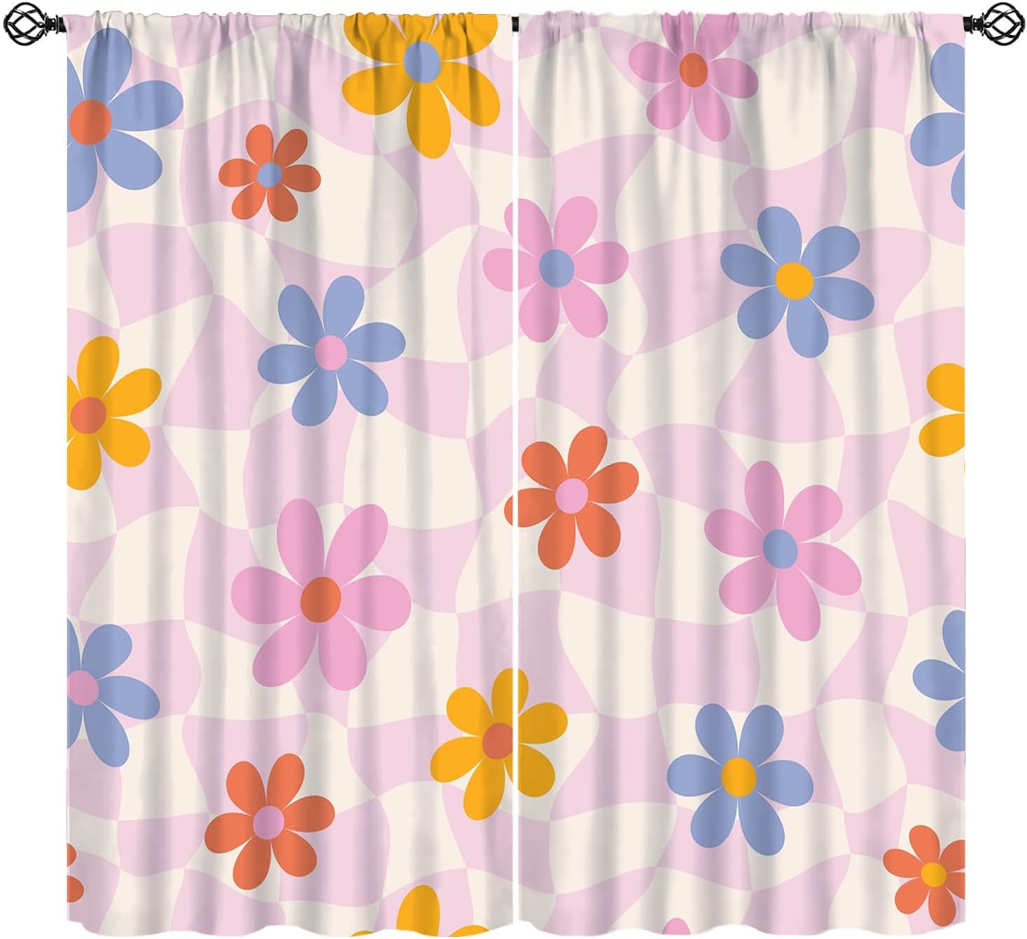 Pink Pastel Checkered Curtain, Cute Plaid Girls 70s Modern Flower Aesthetic Funky Hippie Colorful Abstract Window Drapes for Bedroom Living Room Bathroom 42" W X 54" L(No Blackout)