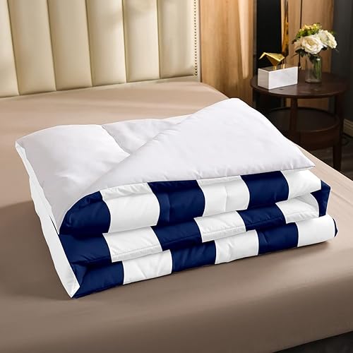 Miniatura 3 de Juego de ropa de cama a rayas azules y blancas para niños, tamaño individual, color azul marino, juego de edredón de rayas verticales azul marino,