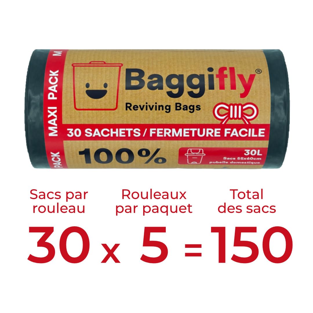Baggifly Sacs Poubelle 30L, 150 Sacs Très Résistants, 100% recyclés, avec Poignées, Produit ÉCO Friendly, Idéal pour un Usage Domestique, Pack de 5 x 30 Sacs, Fabriqué en Europe