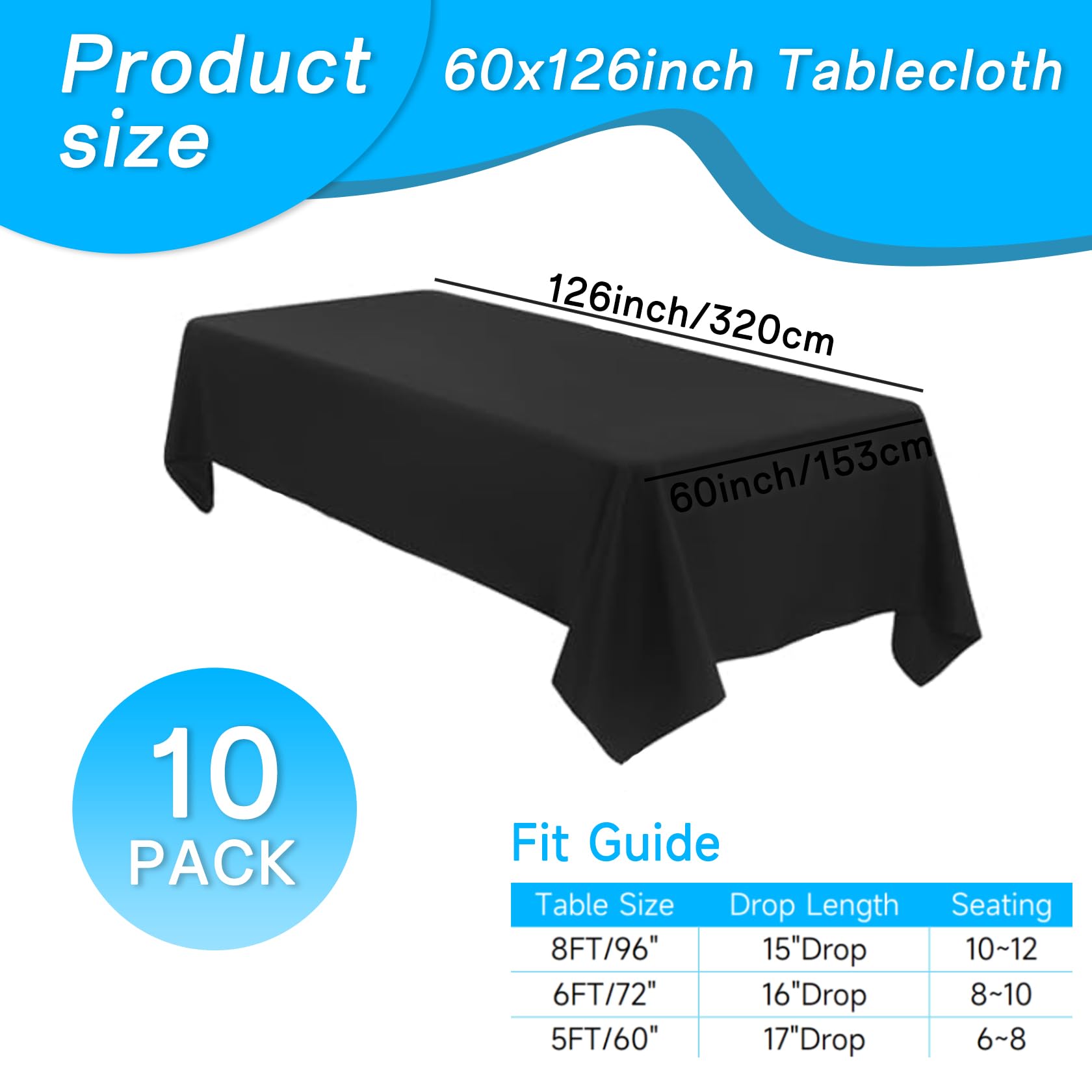Paquete de 10 manteles negros para mesas rectangulares de 8 pies, 60 x 126 pulgadas, manteles de poliéster de 8 pies, manteles para mesas rectangulares, mantel de tela lavable para fiestas de boda