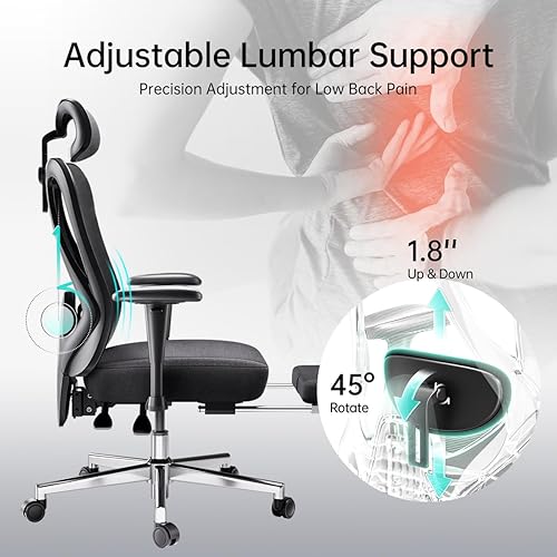 Miniatura 4 de Hbada P3 Silla de oficina ergonómica con soporte lumbar ajustable 2D, silla de oficina con reposacabezas y reposabrazos ajustables, función de
