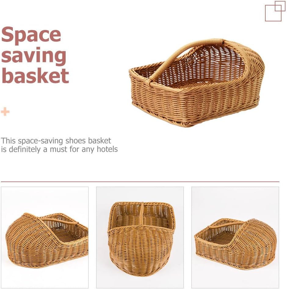 Rattan Slipper Basket: Handheld Slipper Organizer Basket - Portable Imitation Woven Shoes Holder Storage Bin for Bathroom Guest Room Entryway 37 Cm/14.57 Inch