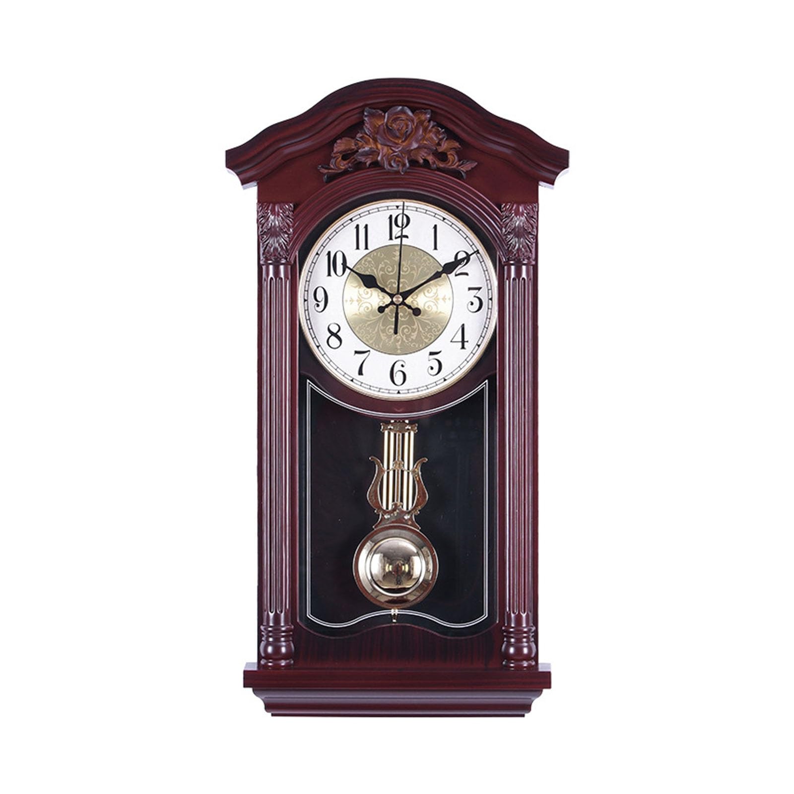 VNVFJKLO vintagewall clock, Traditional Chiming Pendulum Wall Clock,with Battery hree-dimensional Carving Fireplace(Red)