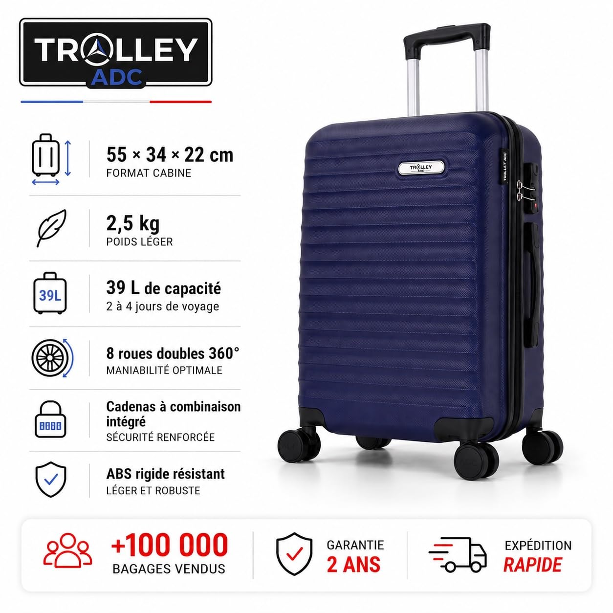 Valise Cabine 55x34x23 - Rigide, Légère 2,5 Kg - 39 litres - 4 Doubles Roues Silencieuses - Maniable, Pratique et Étanche - Collection Classiq - Bleu Marine
