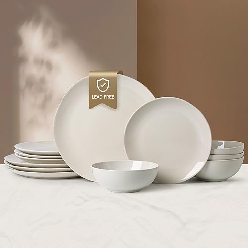 Ceramic Dinnerware Sets-12 Pieces Set, Plates Pasta Bowls Soup Bowls, Modern Stoneware Dishes, Reaction Glaze Black (Sky white)
