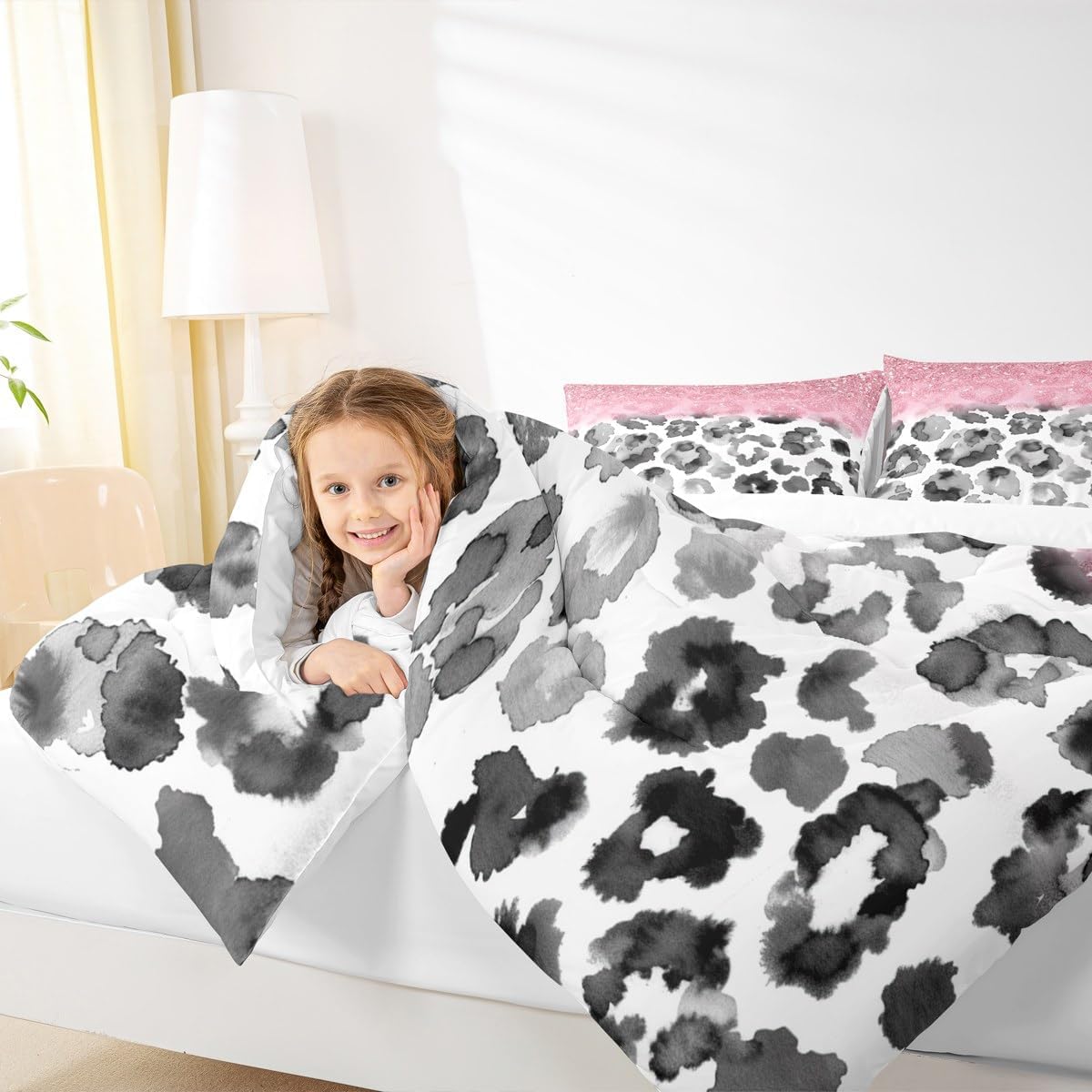 Leopard Print Comforter Set Full Size,Kids Girls Woman Feminine Room Decor,Pink Glitter Starry Romantic Down Comforter,Cheetah Skin Abstract Bedding Set,Fashion Glamorous Duvet Insert,2 Pillowcases