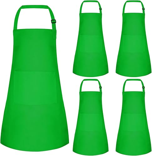 Paquete de 5 delantales ajustables para niños con 2 bolsillos, delantales de pintura para cocinar, hornear, pintar, hacer manualidades (verde), Verde