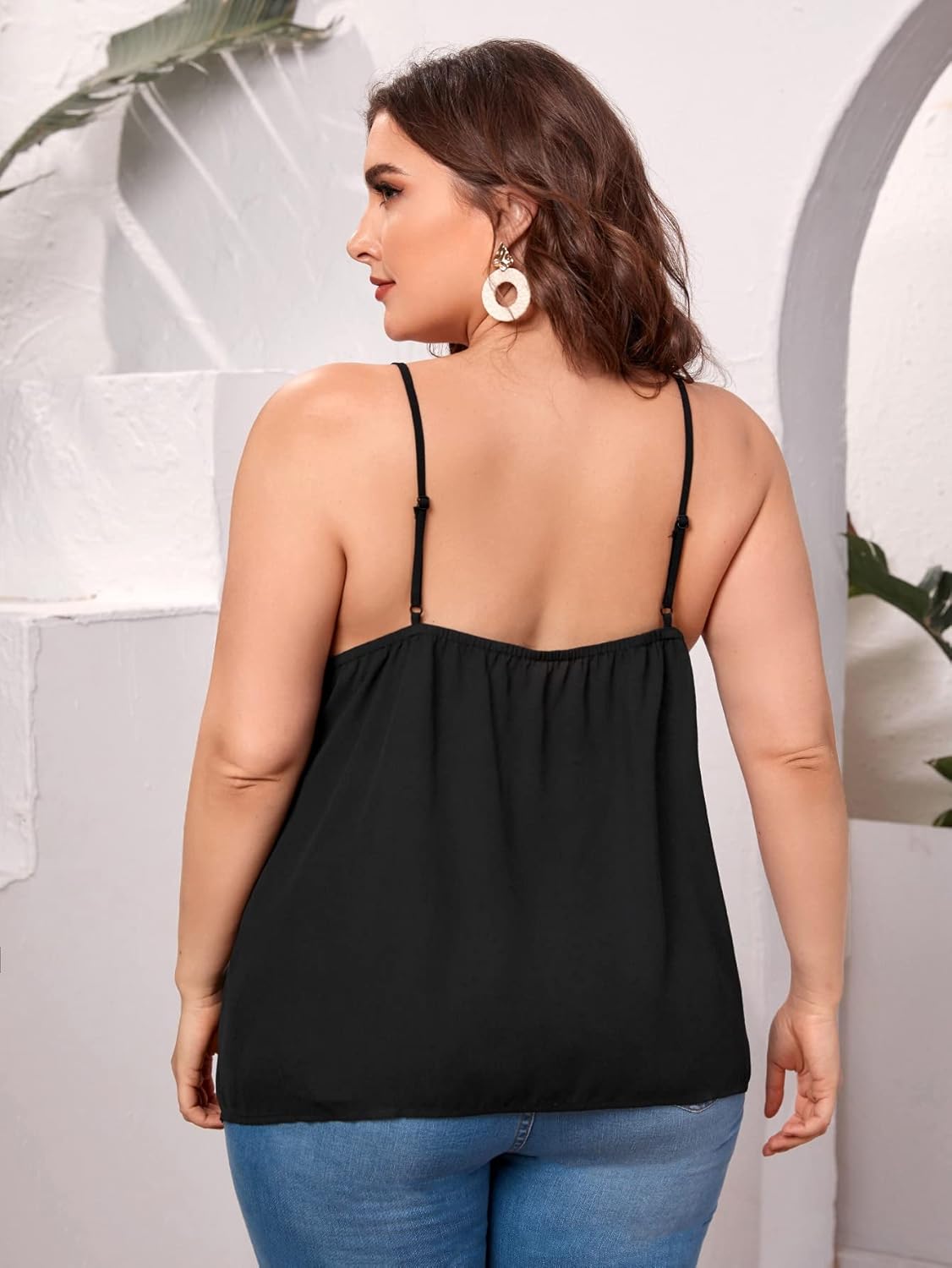 OYOANGLE Women's Plus Size Embroidery Mesh Sleeveless Spaghetti Straps Tops Solid Plain Elegant Cami Tops - Image 2