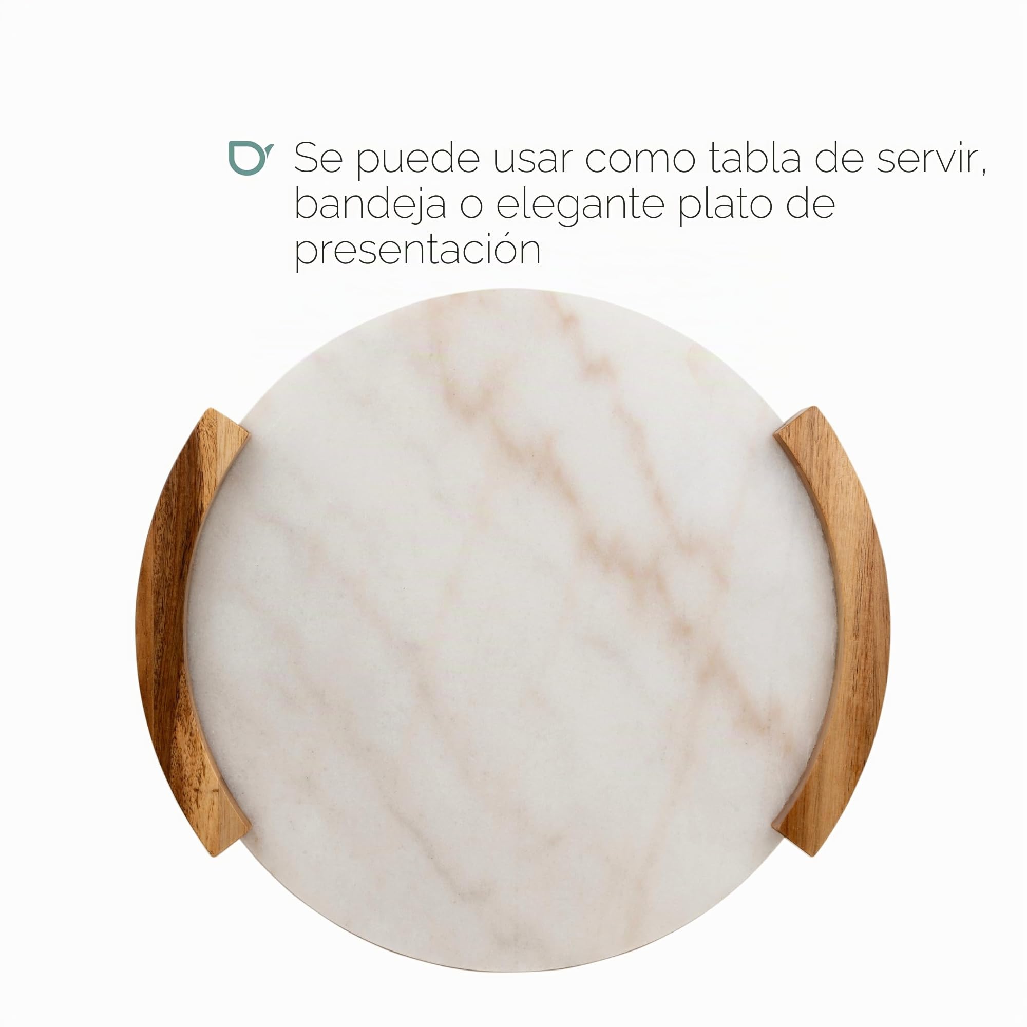 Bredemeijer Bandeja Redonda Grande de 35 cm de diámetro, Bandeja de mármol con 2 Asas Laterales de Madera, Ideal para Servir Bebidas y Aperitivos