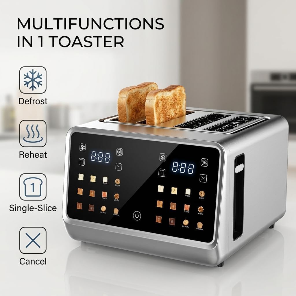 4 Slice Touch Screen Toaster with LCD Display Stainless Steel Digital Toasters 6 Bread Types& 6 Shade Settings Smart Extra Wide Slots Toaster With Bagel Cancel Defrost Reheat Functions