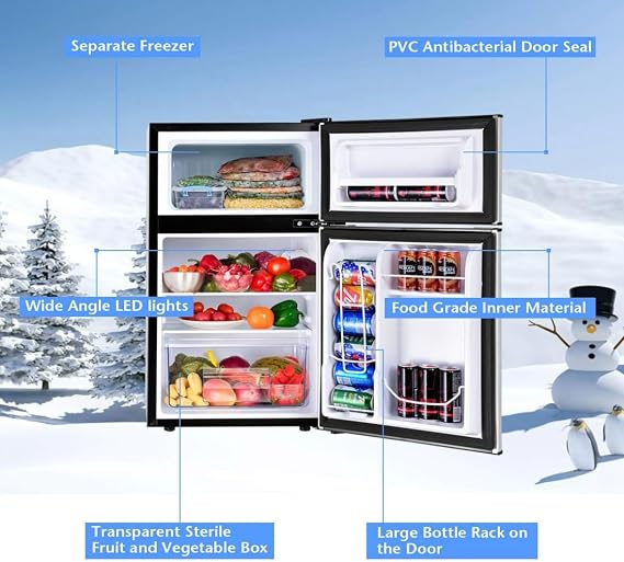 3.2 Cu.Ft. Mini Fridge with Freezer Retro 2 Door Refrigerator and Freezer Low Noise, Energy-efficient,7 temperature modes,Compact Small Fridge for Bedroom Home Office Dorm,Black