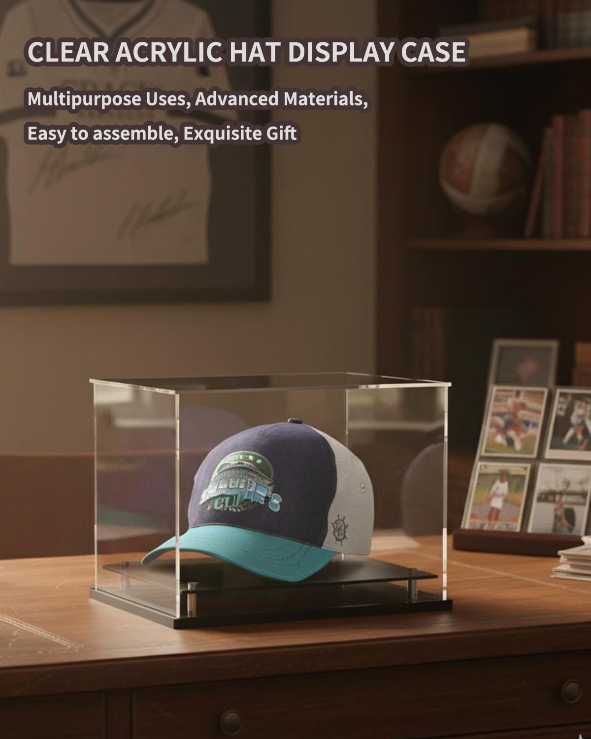 Vitrina transparente para béisbol, soporte acrílico para gorras de béisbol, fútbol o gorras Snapback, mini casco. Vitrina de gorra de béisbol con base de metal (montable)