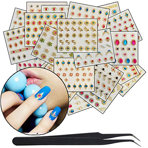 WOKOTO 24 Pcs 3D Gemstone Nail Art Decals With 1Pcs Tweezers Nail Adhesive Sticker Tips Manicure Decoration Set
