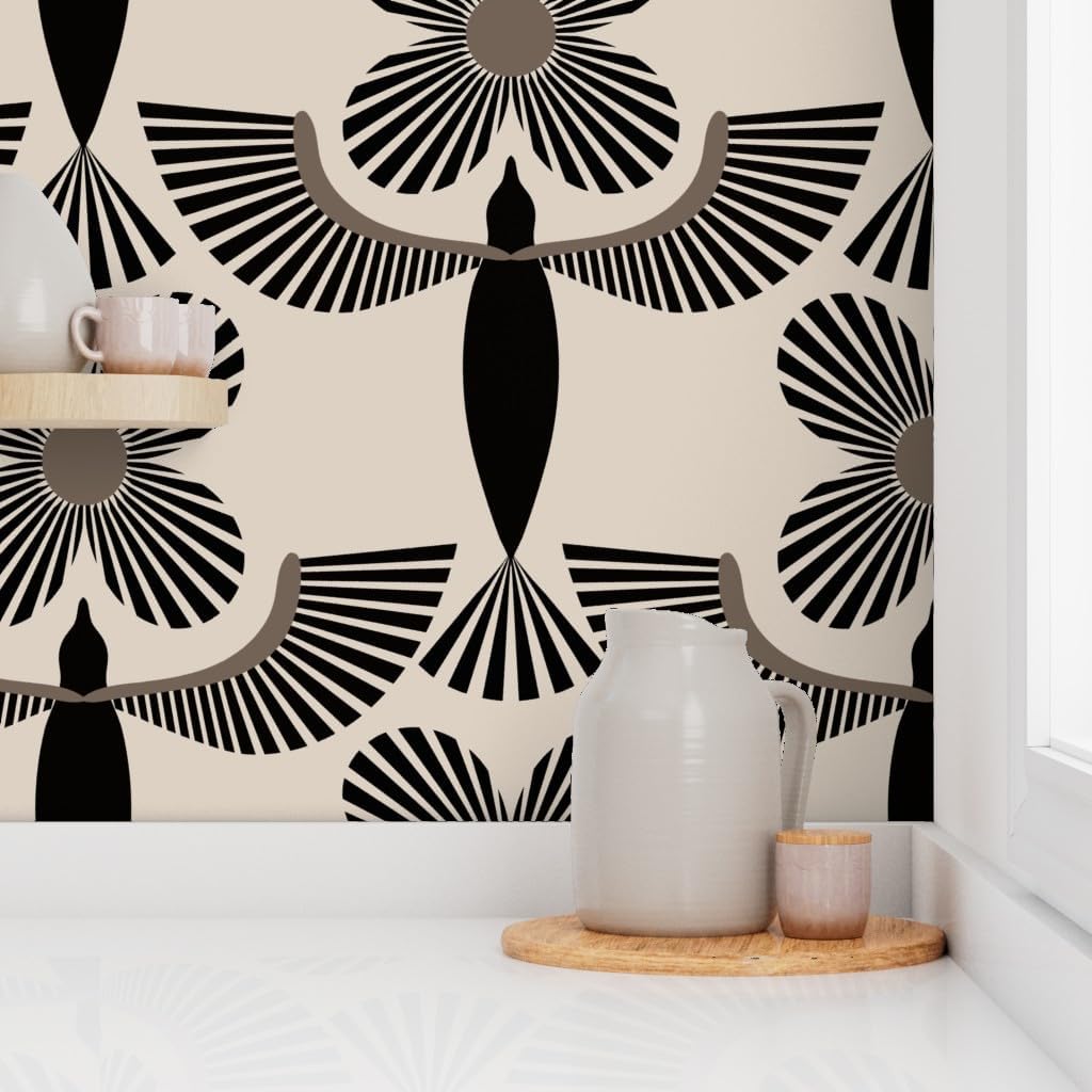 Spoonflower Removable Wallpaper 6ft x 2ft - Bold Birds Minimal Color Black Cream Flowers Egyptian Mod Custom Pre-Pasted Wallpaper