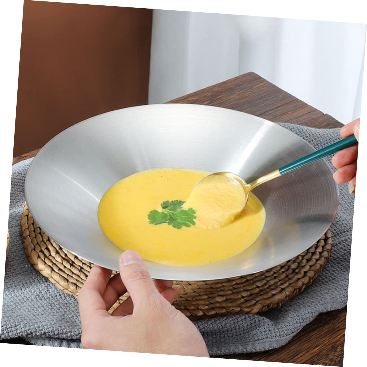 GRIRIW Pasta Salad Bowl Snack Bowl Nut Plate Restaurant Pasta Plate Wide Rim Pasta Plates Pasta Bowls Plates Kitchen Prep Plate Large Soup Bowls Round Cutlery Tray Silver Stainless Steel