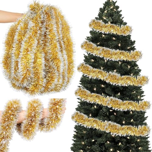 Axingqiwu 10m Guirnalda Arbol de Navidad, Espumillon Navidad Decoración Navideña Interior, Guirnaldas Natal de Abeto Artificial Verde y Dorado Christmas Garland (Oro)