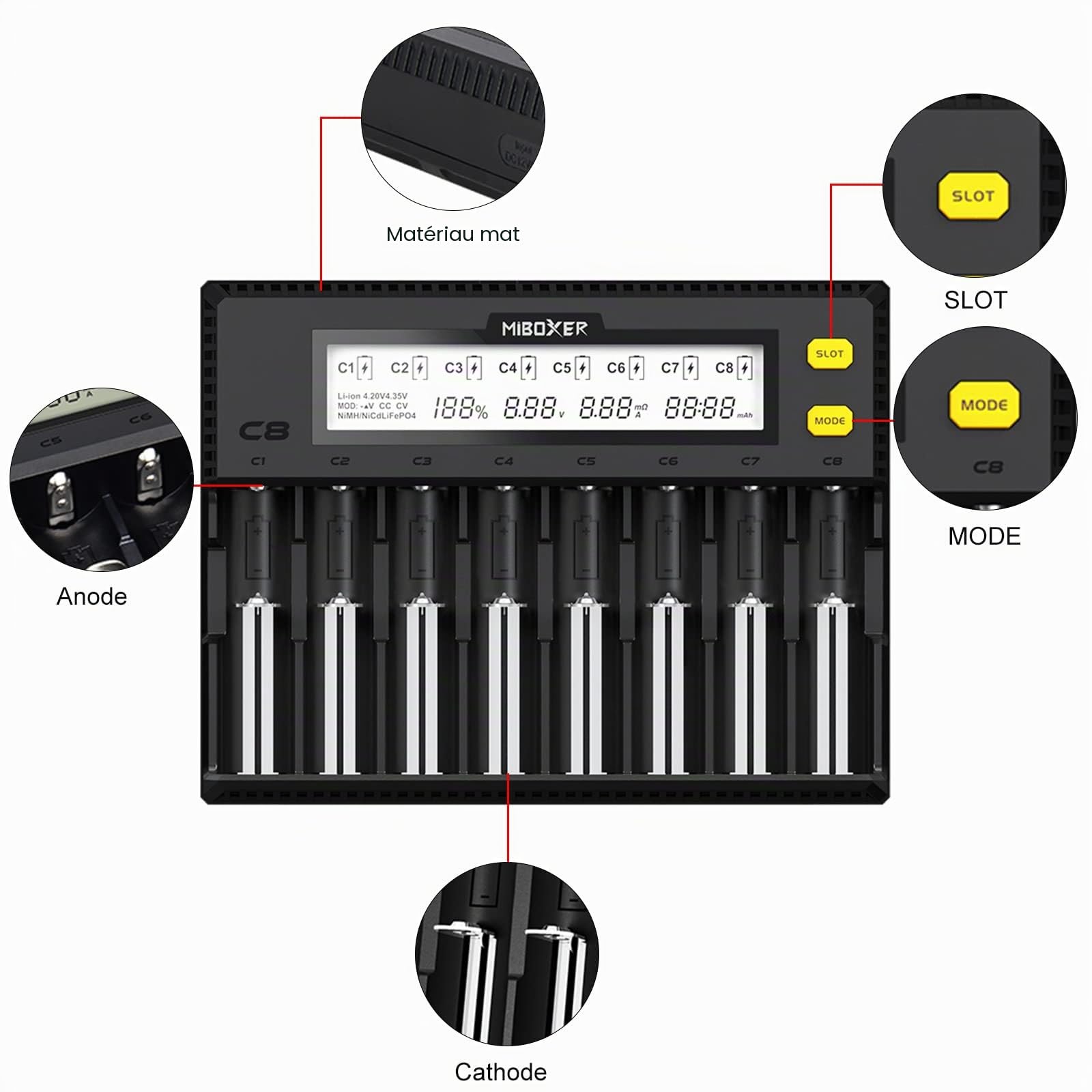 18650 Chargeur de Batterie Universel avec Écran LCD pour Batteries NI-MH, NI-CD, AA, AAA, 14500, 18350, 21700, 26650, Li-ION LiFePO4, RCR123A (8 Emplacements)