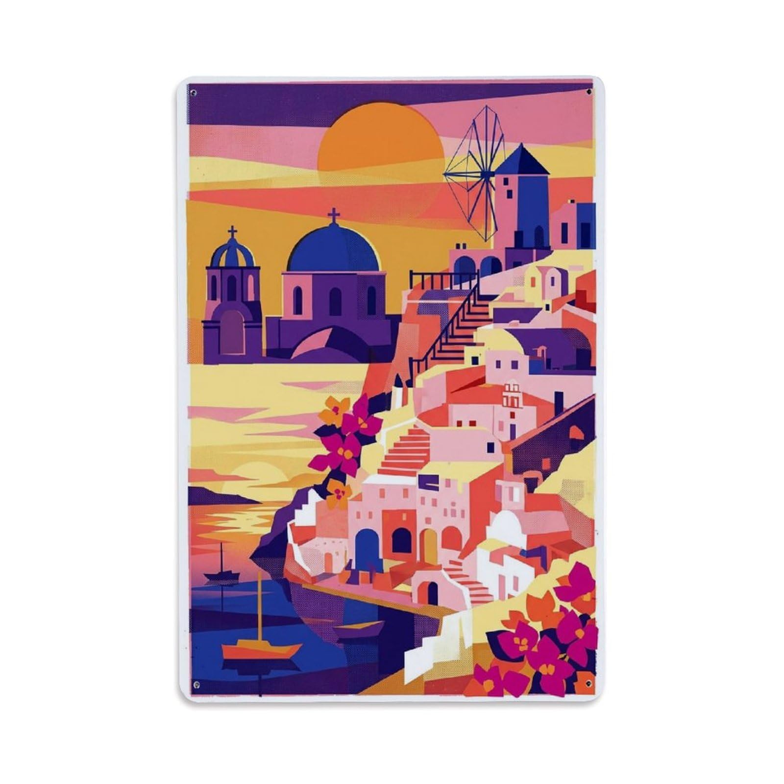 Oia Caldera Santorini Sunset Harbor Aegean Cyclades Metal Tin Sign Plaque Wall Decor for Cafe, Man Cave, Club Bar, Office, Home Garden Round Metal Poster 8x12Inch