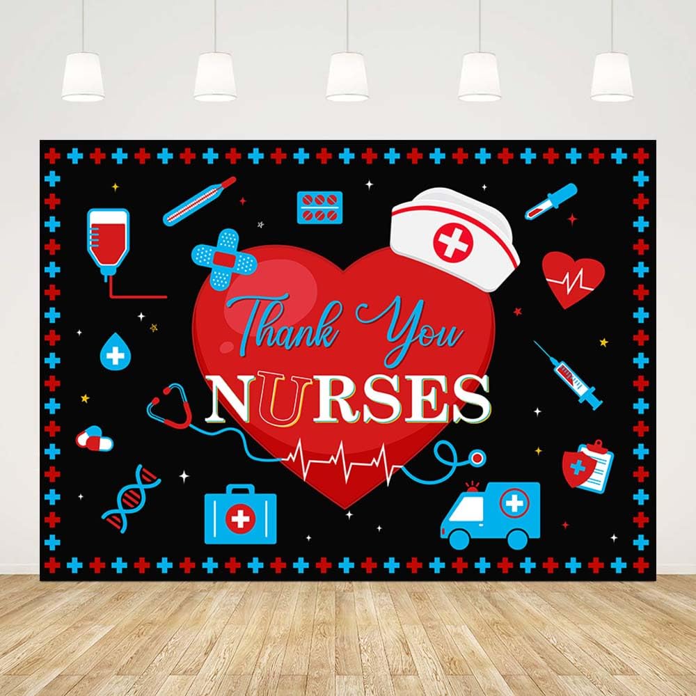 AIBIIN 7x5ft Thank You Nurse Backdrop Rn Graduation Backdrop Black Red Heart Nurse Grad Backdrop 2024 Nurse Graduation Decoration Backdrop Nursing