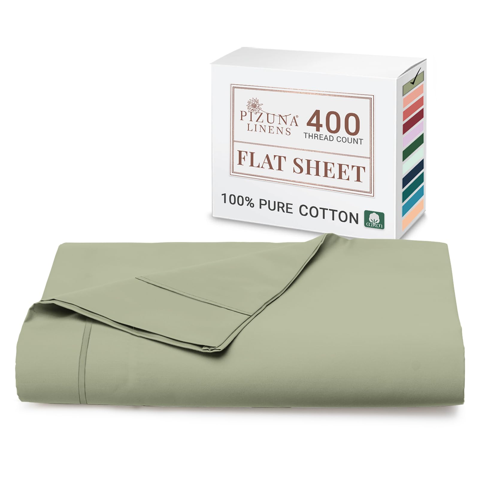 Pizuna Light Sage 100% Cotton Single Flat Sheet 400 Thread Count Long Staple Cotton Flat Sheet Single 180X280 Cm, Soft Sateen Weave Top Sheet Single