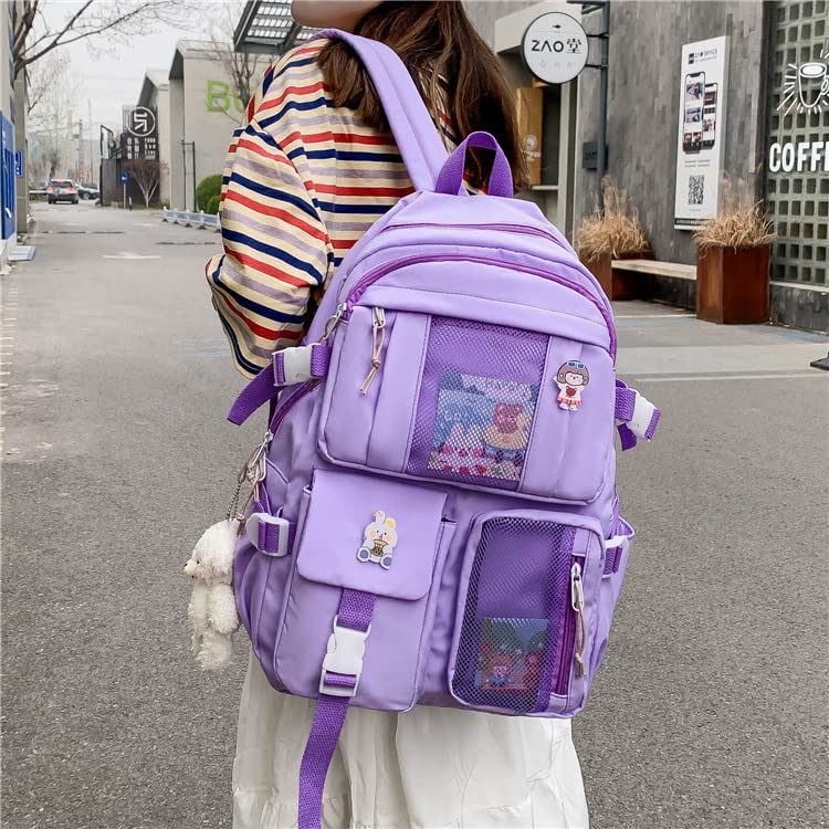 Kawaii Backpack with Pins and Pendant Accessories Cute College High School Backpack Laptop Bookbags for Teens Girls (Purple)3