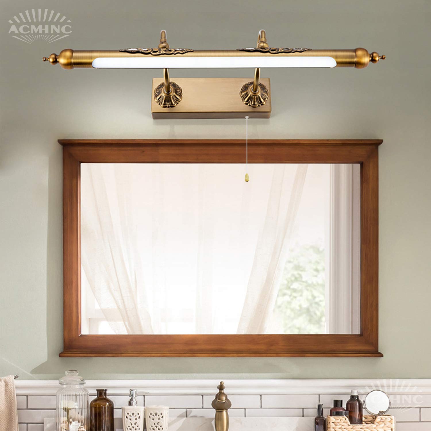 ACMHNC Vintage Spiegelleuchte Bad Mit Schalter, IP44 Badlampe Braune Bronze Retro Spiegellampe Badezimmer Mit Arc Arm Einstellbarer, Antike Wandleuchte Innen Aus Metall, 4000K Schminklicht,55cm/10w