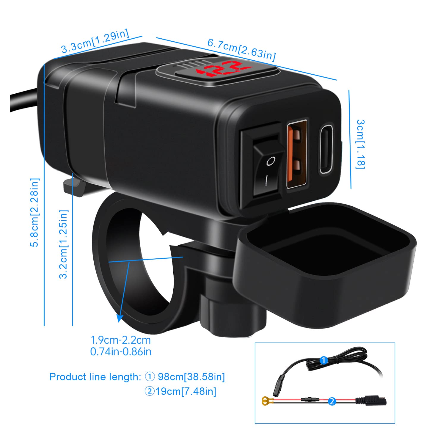 Cargador Tipo C PD y QC3.0 para Motocicleta y Coche 12V/24V - Impermeable Con Interruptor y Voltímetro LED - Para SUV, Marino, Barcos (Rojo: USB + Tipo C)