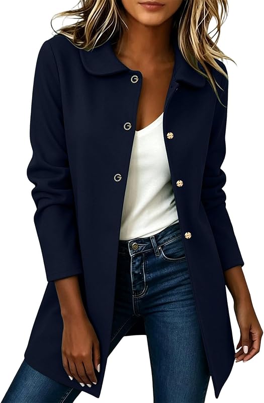 Women's Long Button Down Coat Peter Pan Collar Jacket Coat