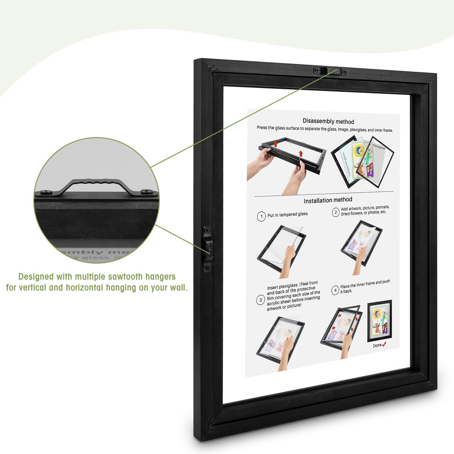 Golden State Art, 11X14 Floating Picture Frame, Black Wood Frame Display Any Size Photo Up To 11X14, Pressed Flower Frames with Hanging Hardware - Horizontal And Vertical Formats for Wall