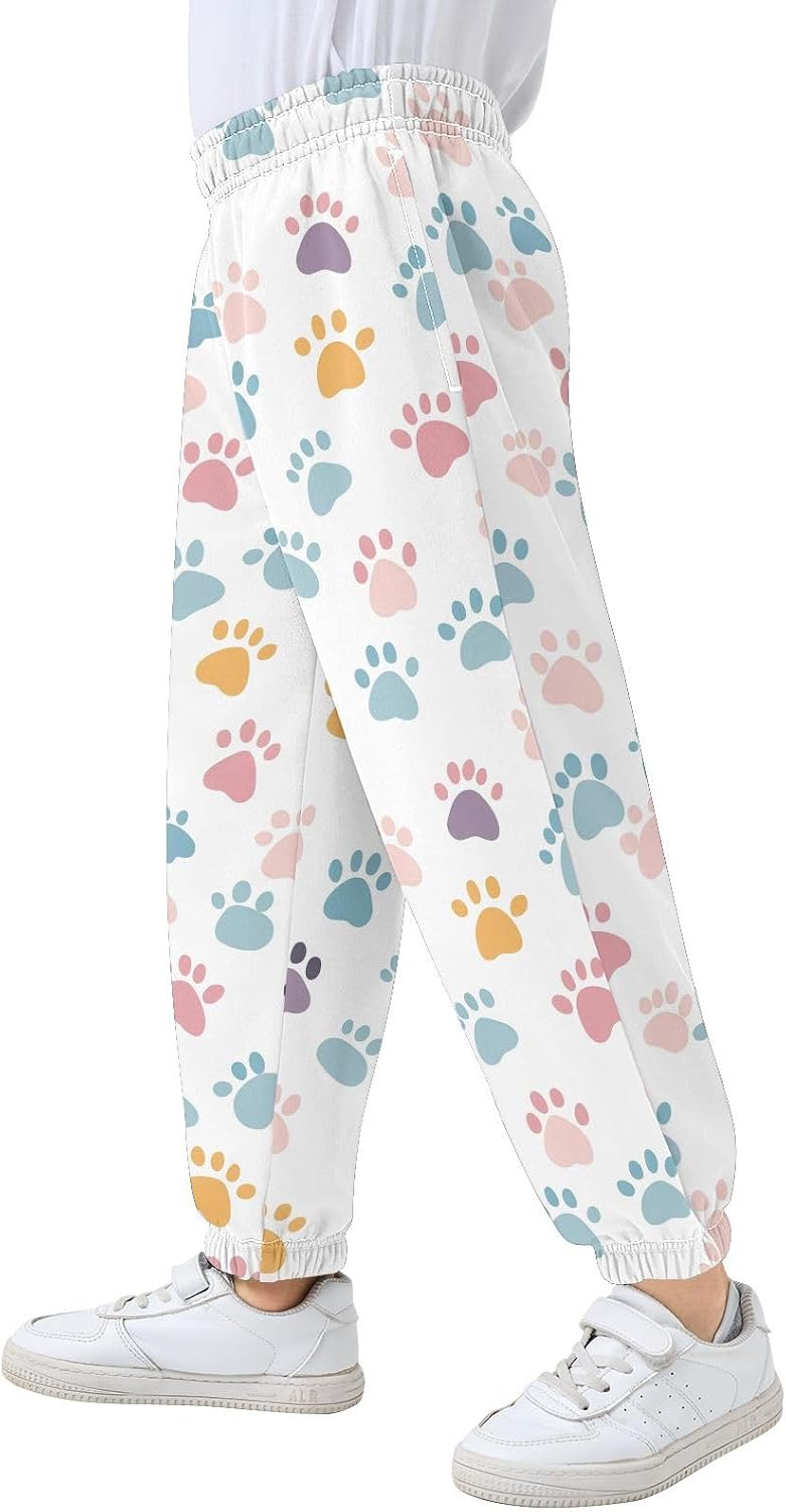 Boy Sweatpants Colorful Cat Dog Paw Print Joggers Casual Athletic Pants Kids Elastic Waist Cuffed with Pockets