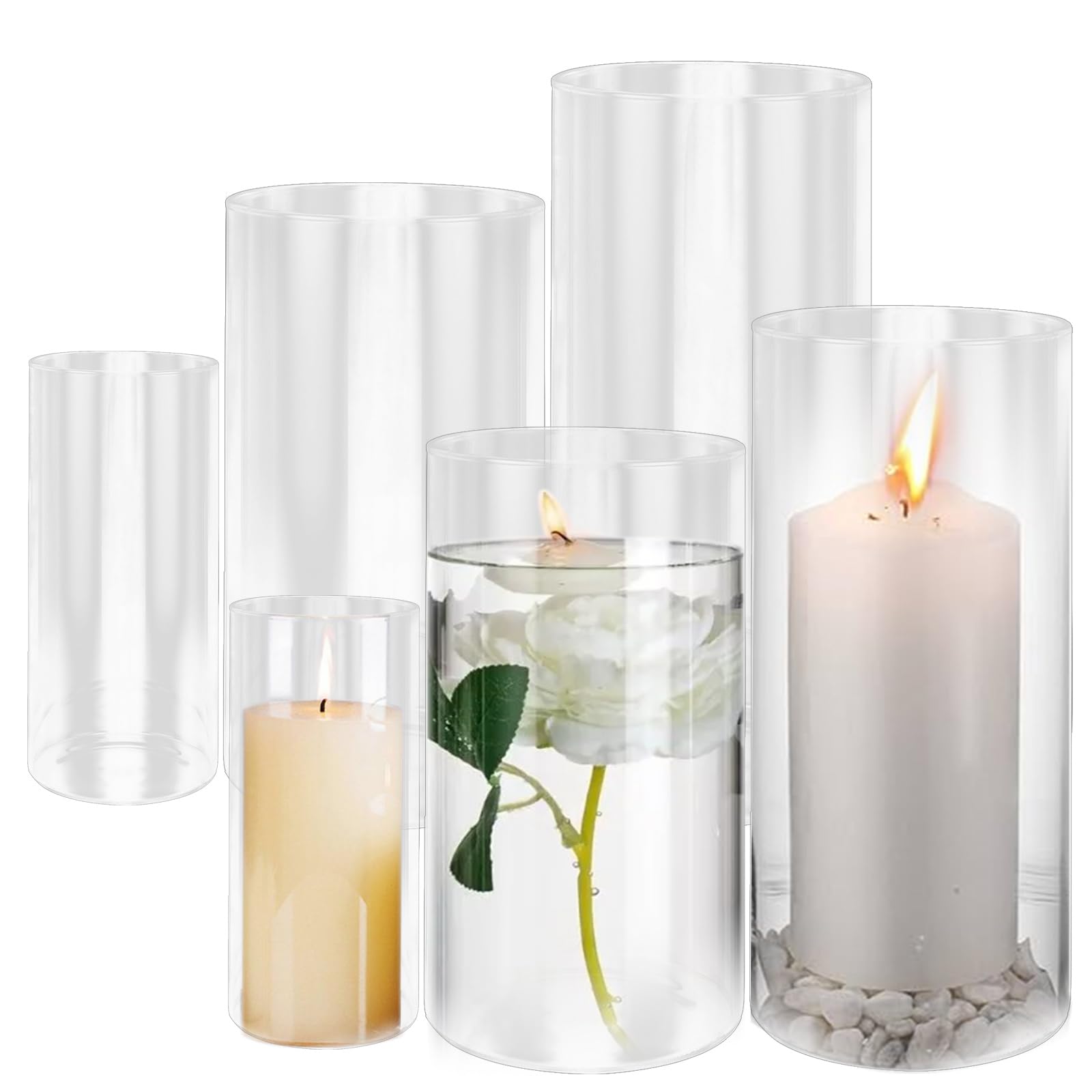 Vase cylindrique en verre lot de 6 avec 3 tailles pour bougie et fleurs