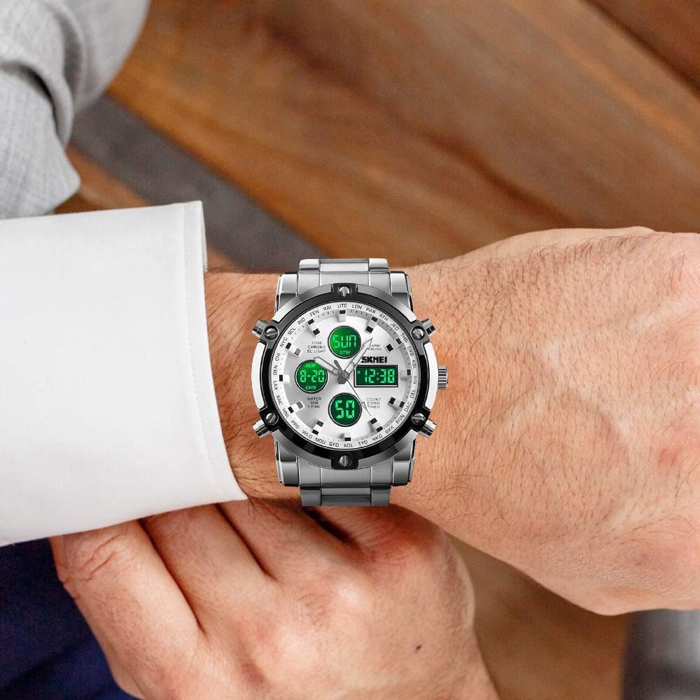 MASTOP Reloj de pulsera analógico digital de acero inoxidable de lujo, resistente al agua hasta 50 m, doble pantalla, doble hora, cuarzo, multifuncional, con cronómetro, alarma, retroiluminación LED