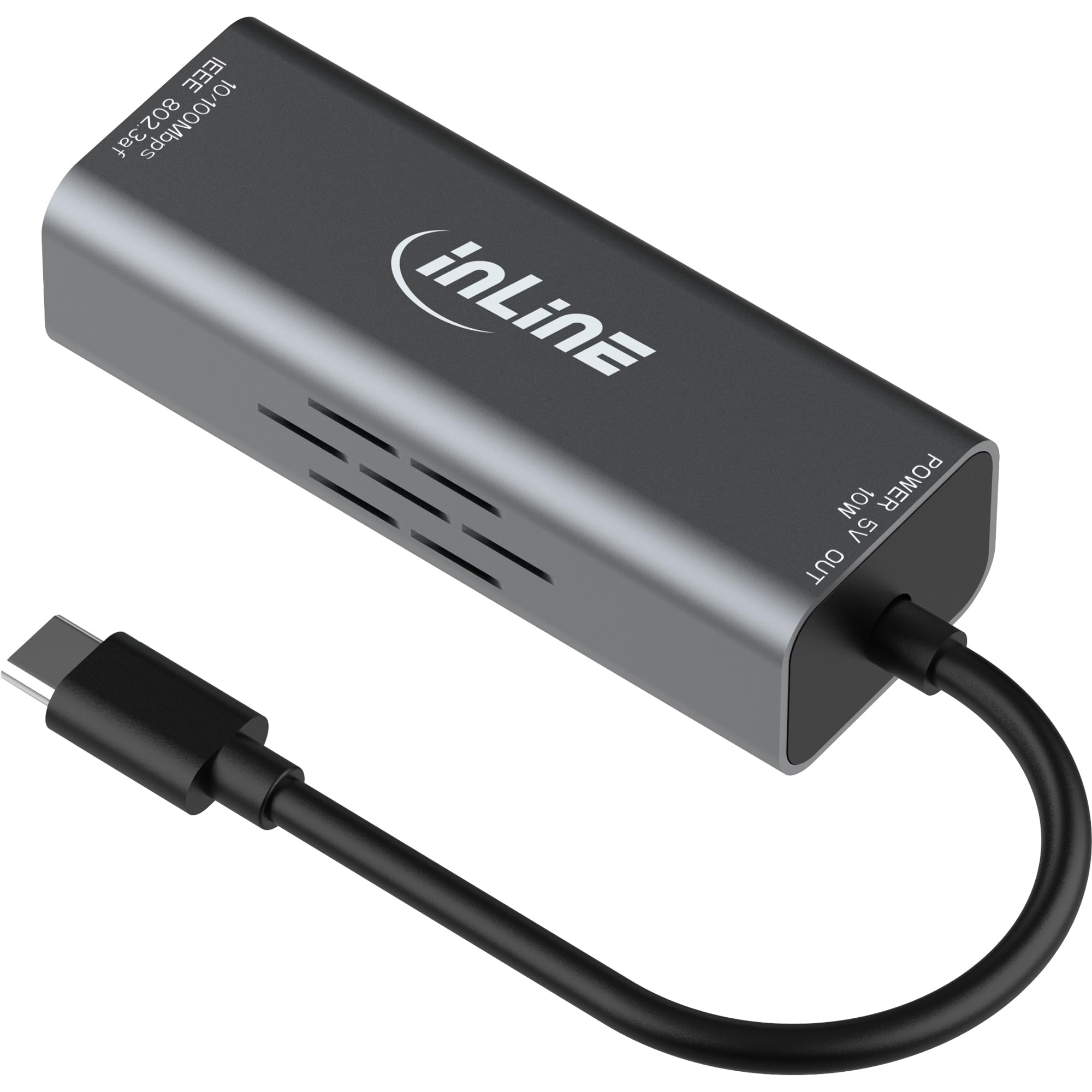 Inline Adattatore USB-C a RJ45 con supporto PoE, 100 Mb/s, protezione da sovratensione, alloggiamento in alluminio, Plug & Play, Power Delivery fino a 10 W, 33380J