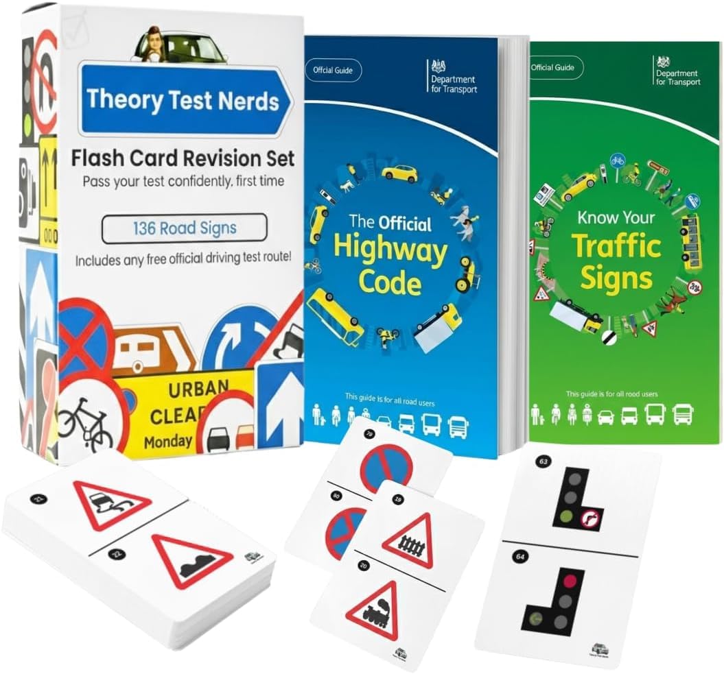 Theory Test Nerds Flashcards - 136 UK Road Signs Flash Cards 2026 (Flashcards) + Includes Official UK Test Route Practice + DVLA Official Highway Code Books - Driving Instructor Approved