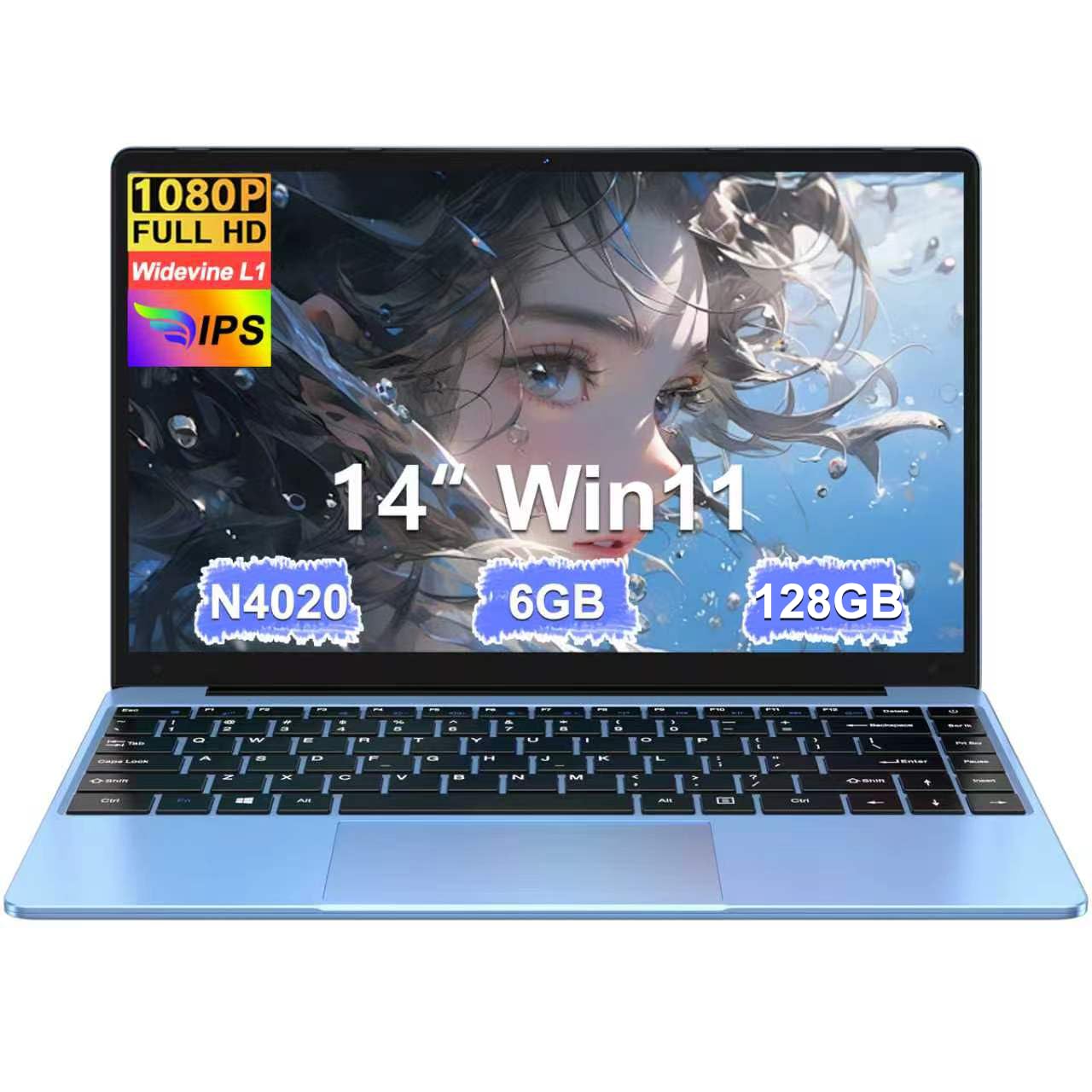 bvate Ordinateur Portable,6+128Go Soutien Extension SSD 1To 14" Win11 Celeron N4020 2.4G+5G WiFi Mini HDMI & AZERTY Membrane du Clavier-Blue