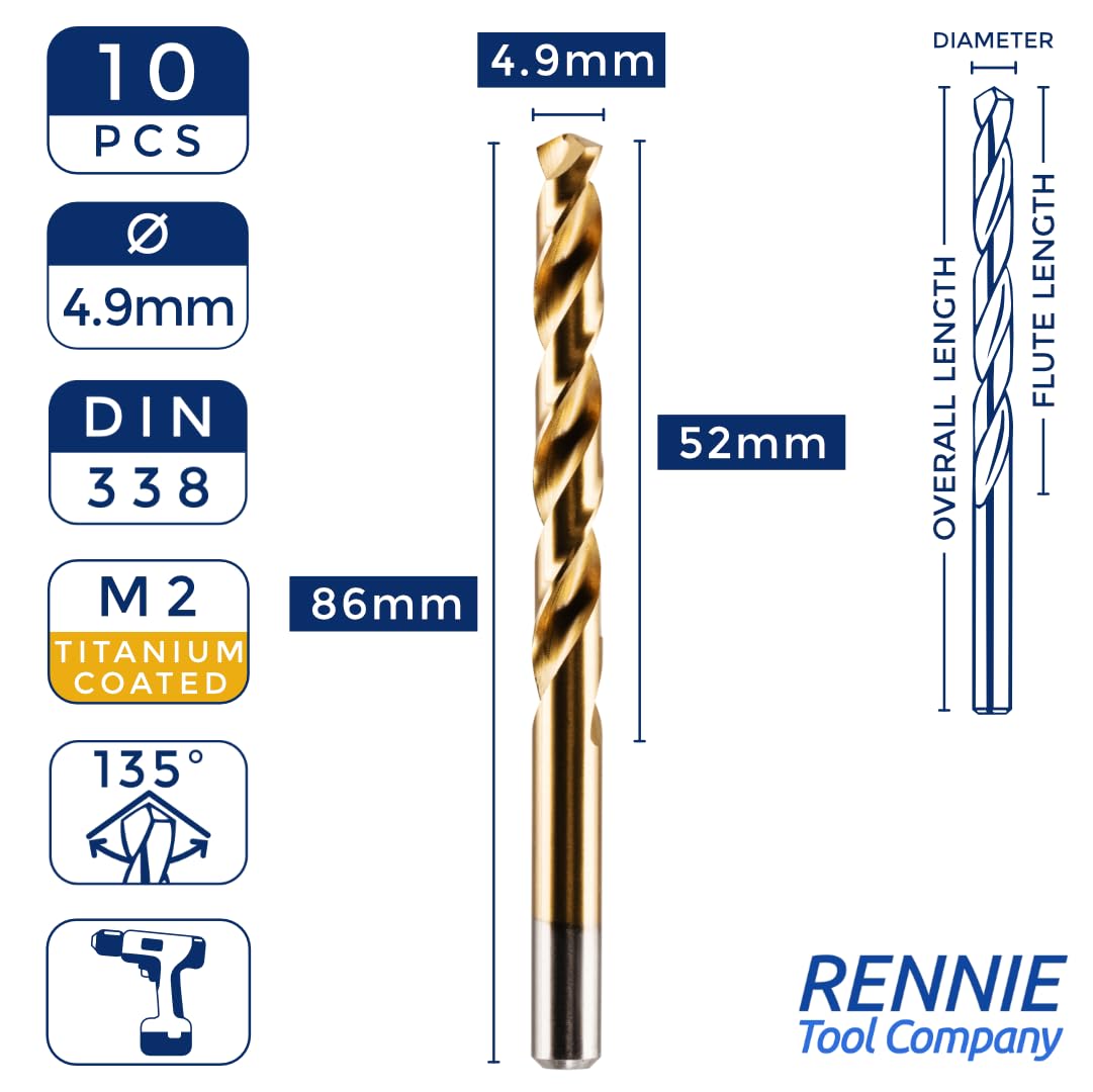 Box of 10 x 4.9mm HSS M2 Fully Ground Jobber Drill Bit Tin Titanium Nitride Coated DIN338 Standard (4.9mm x 86mm) - Image 2