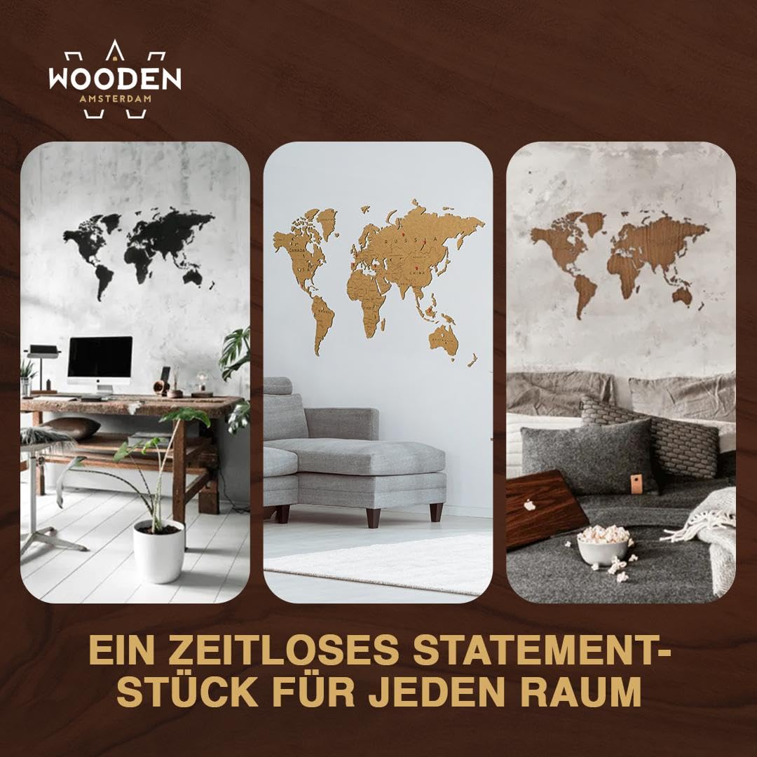 Weltkarte Holz DIY | 130 x 78 cm Wanddeko aus FSC-zertifiziertem HDF | 48 Pins & 25 Inseln zur Personalisierung | Weltkarte zum Pinnen Geschenkidee (Schwarz)