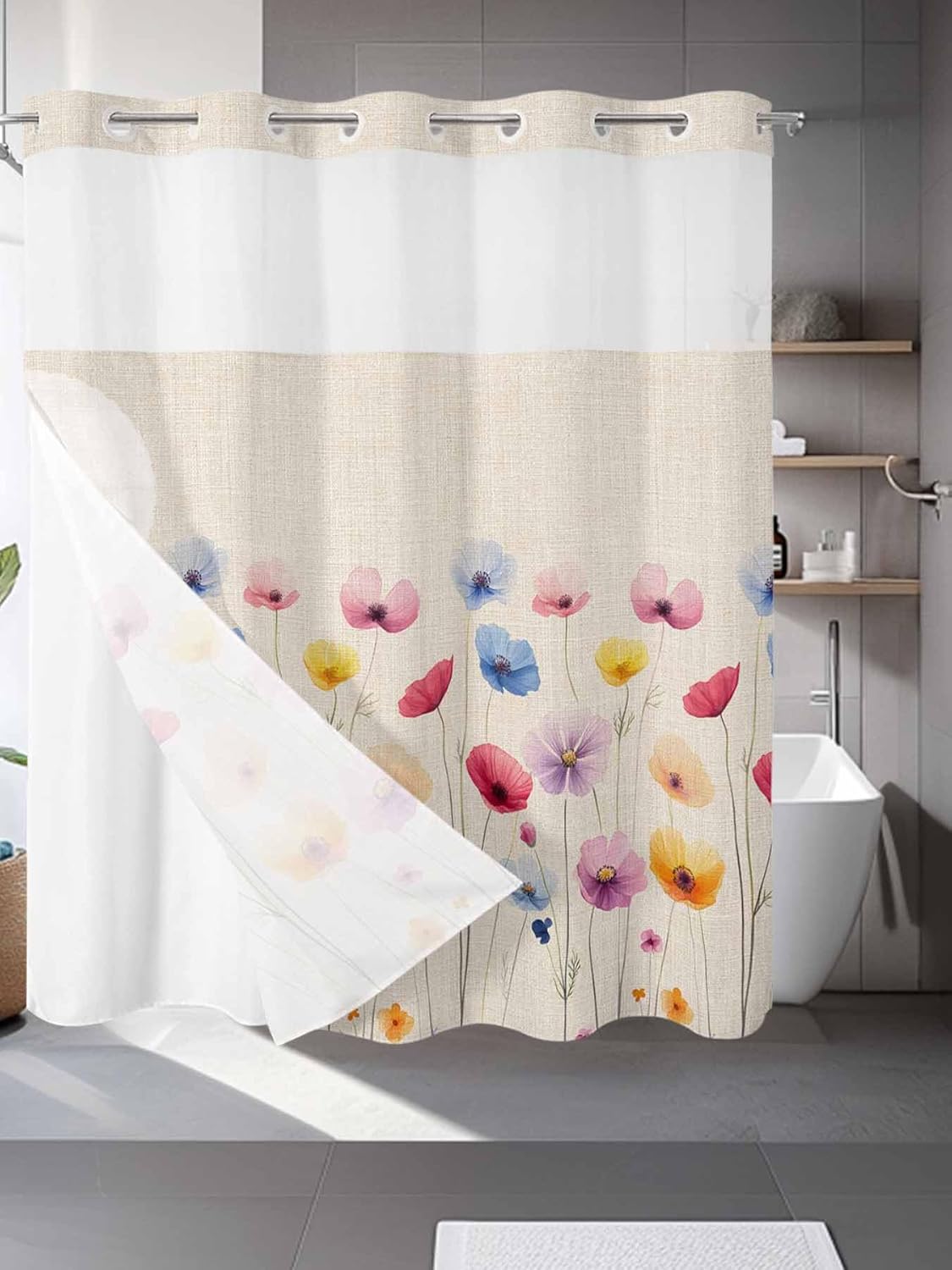 No Hook Shower Curtain with Snap in Liner Set Colorful Floral Shower Curtains for Bathroom Decor Spring Seasonal Botanical Wildflowers Waterproof Bath Curtain with See Through Top Window 72x72 Inch