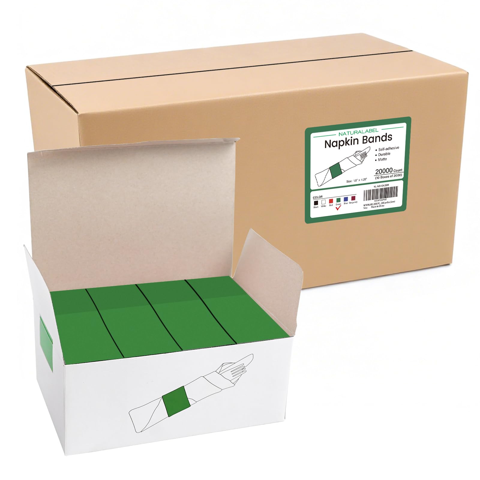 NATURALABEL Self-Adhesive Napkin Bands, Bulk Pack of 20,000, Green