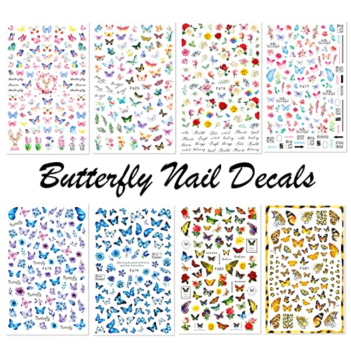 Butterfly Nail Art Stickers , 3D Self-Adhesive Nail Decals Colorful Butterflies Spring Flowers Nail Designs For Acrylic Nails Supplies Manicure Decorations 8 Sheets #TOP1
