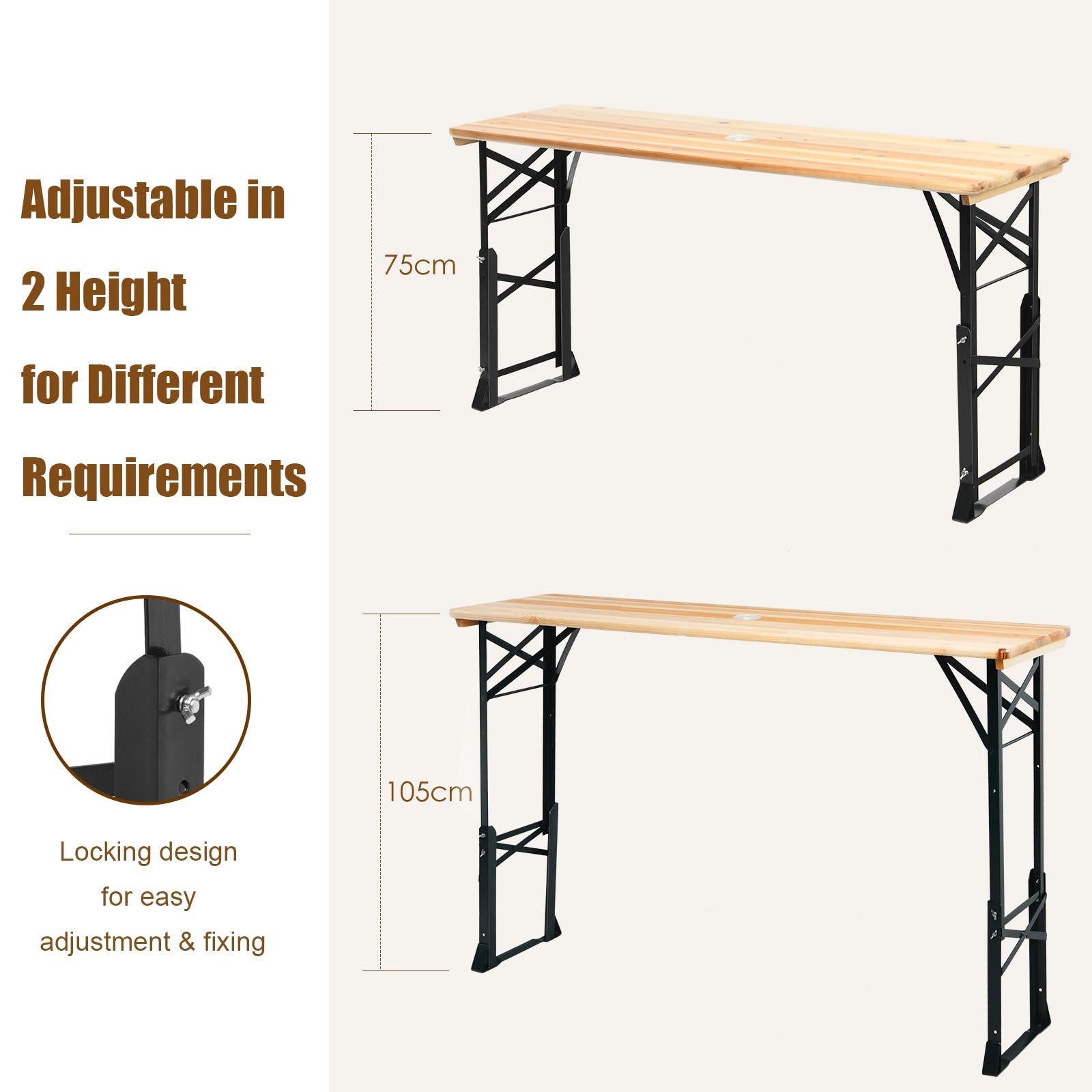 KOMFOTTEU Table à Bière d'Extérieur, réglable en Hauteur (75 cm-105 cm), Table Bar de Jardin Pliante, Table de Pique-Nique avec Trou de Parasol, 168,5 x 50 cm (L x l), narurel & Noir