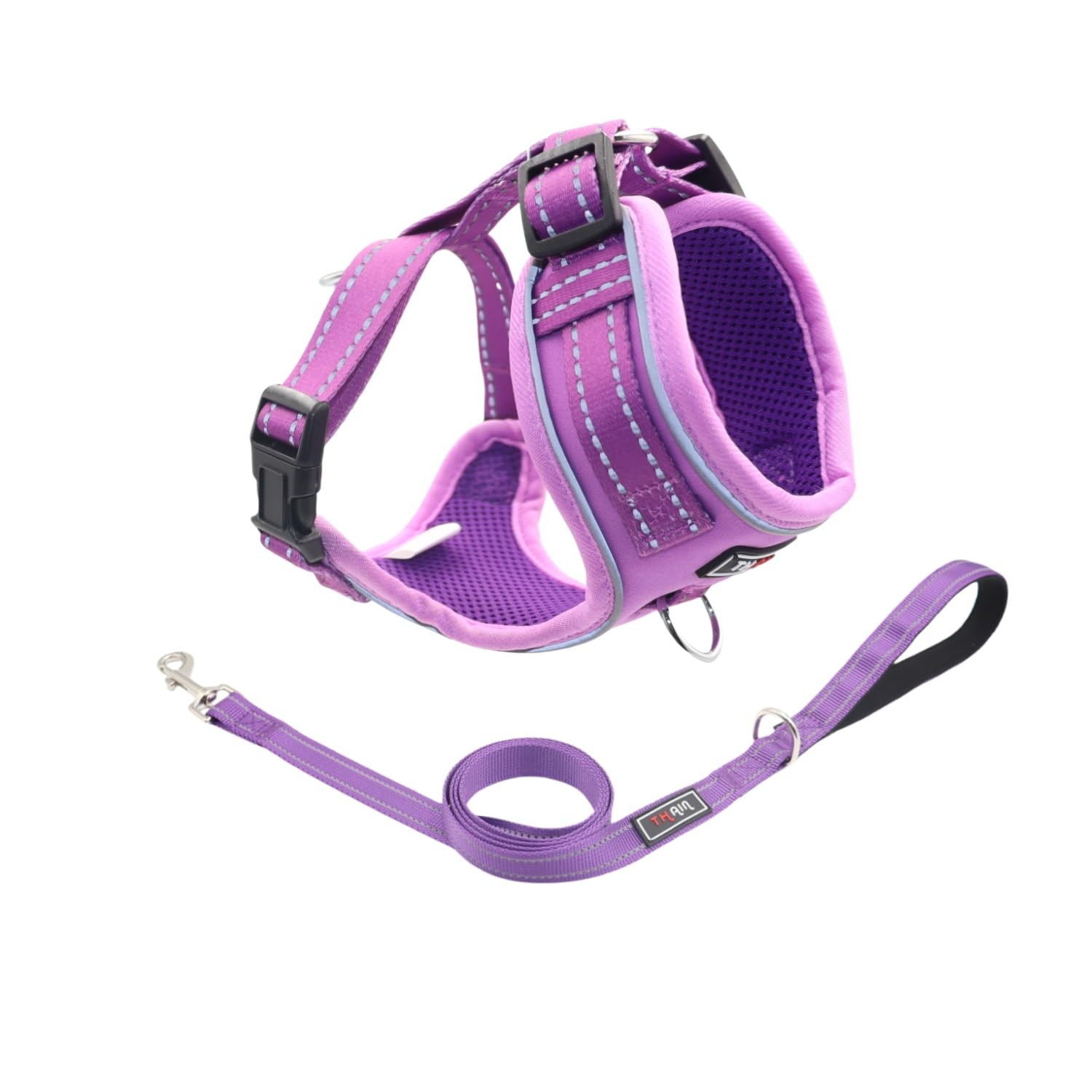 THAIN Reflective Dog Harness & Leash Set - No-Pull Design, Adjustable & Comfortable for Large Dogs (L, Solid Purple)