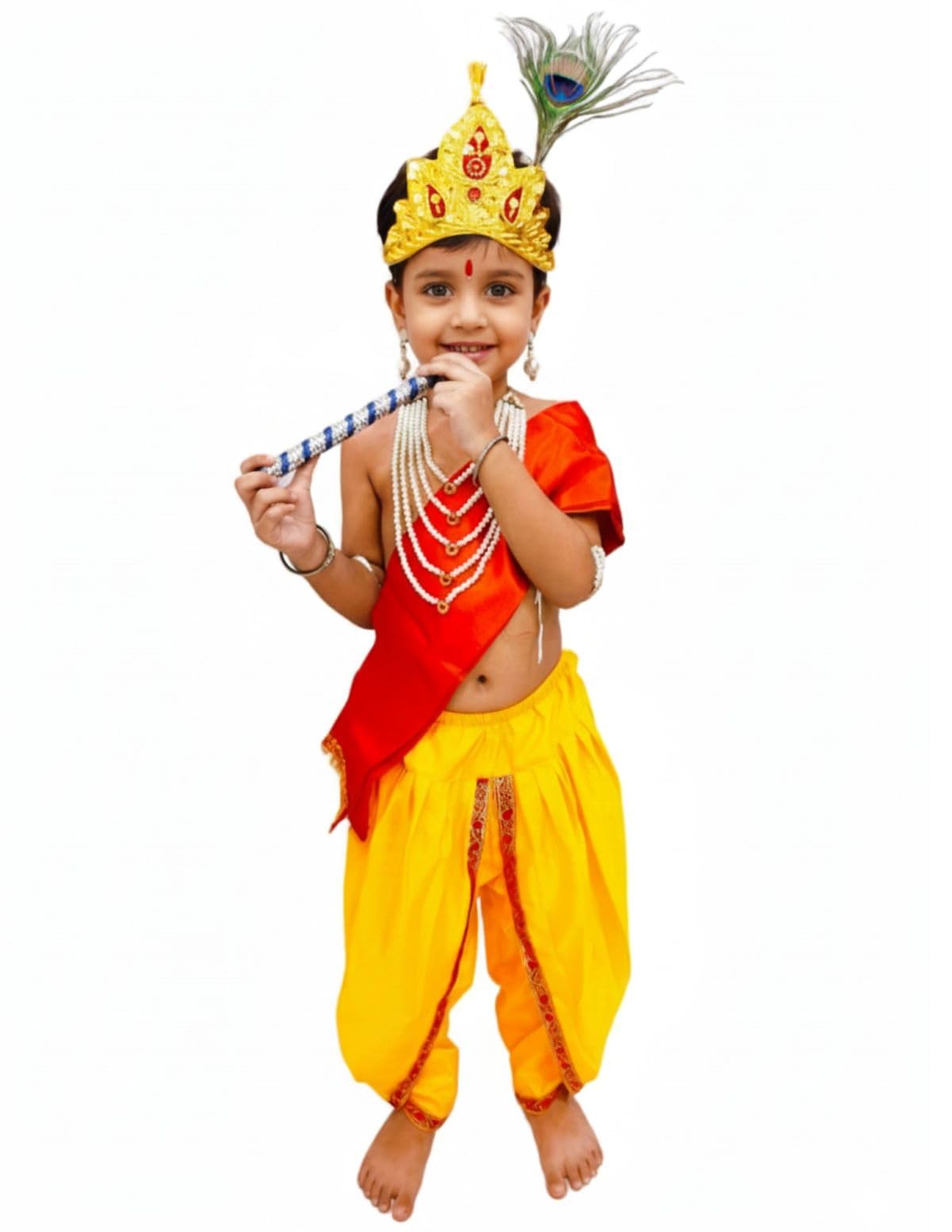 BookMyCostume Krishna Yellow Costume Dhoti & Red Patka with Light Pearl Jewellery and Mukut Set - Janmashtami Dress Costume for Baby Kanha Laddu Gopal - Boys & Girls 3-4 Yrs