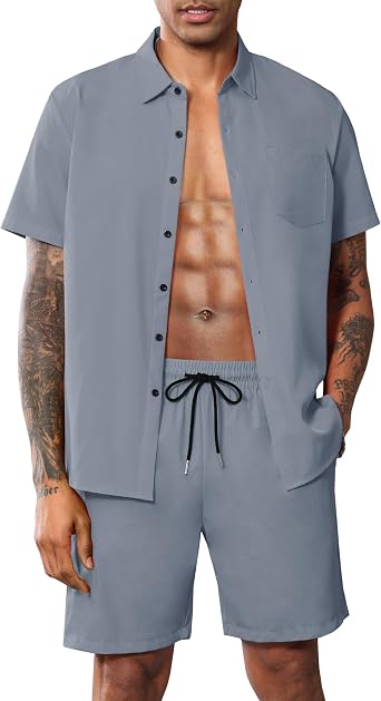Men Summer Casual Short Sets Solid Short Sleeve Pocket Button Down Shirt