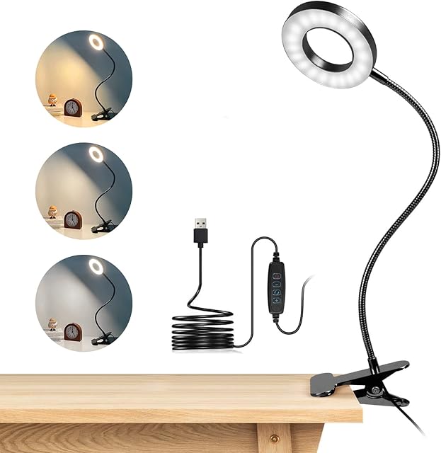 dowowdo USB Reading Light, Clip on Light with 10 Dimmable Brightness & 3 Light Modes, Eye Protection Adjustable Desk Lamp/Bedside Light for Reading/Work/Tattoo/Piano (Black) [Energy Class A++]