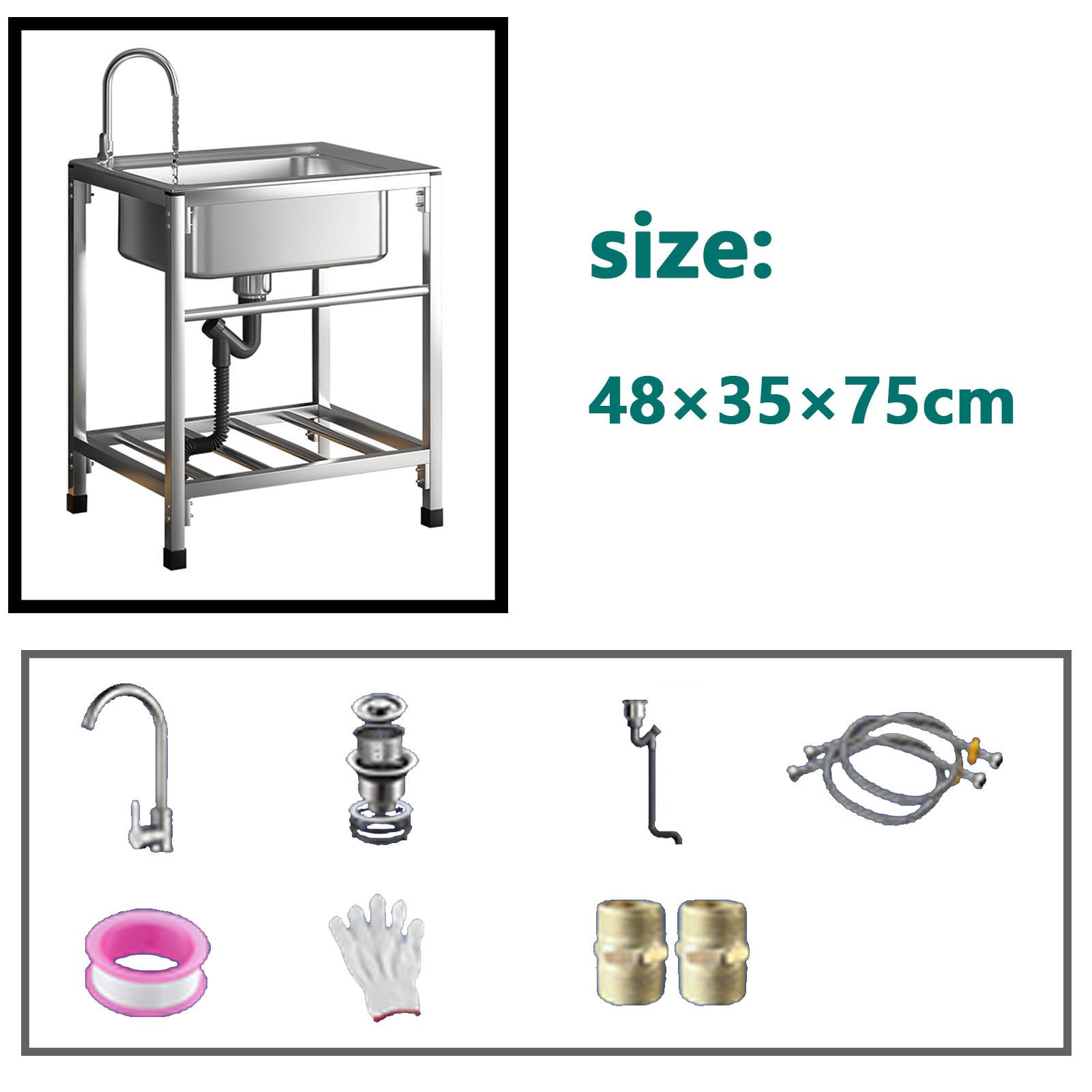 Lavello da Cucina,lavello Esterno a Vasca Singola,lavello Commerciale in Acciaio Inossidabile,Cucina Indipendente con Rubinetto,per Bar,Lavanderia,Garage,Cortile (48×35×75cm)