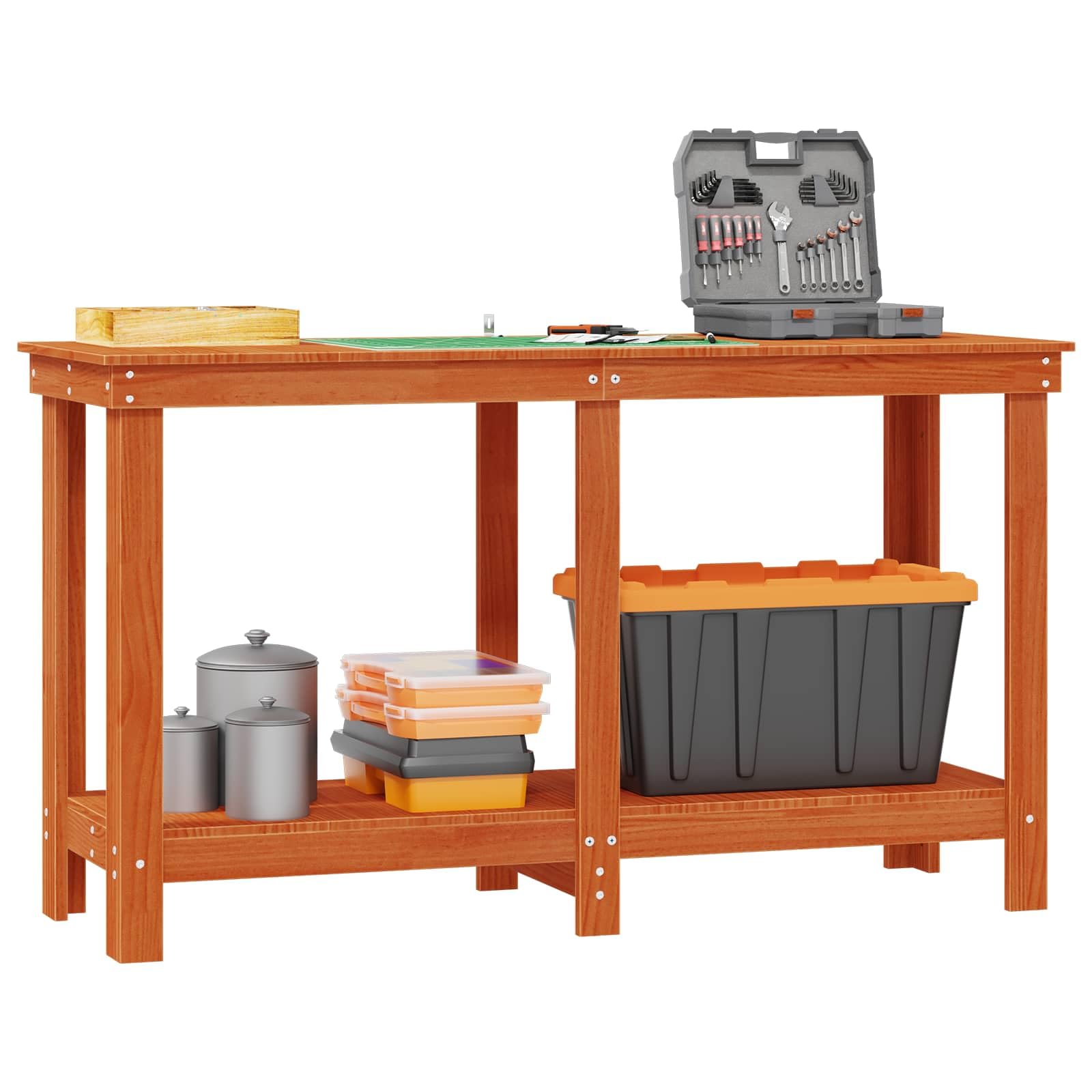 Banco da lavoro marrone cerato, 140 x 50 x 80 cm, in legno di pino massiccio con ripiani, tavolo da lavoro moderno per cucina o garage, facile da montare e superficie facile da pulire
