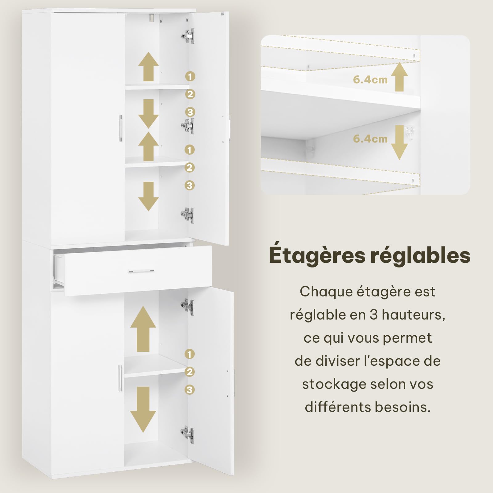 eSituro Meuble Rangement Bureau, Armoire de Rangement, Placard Rangement, 3 Étagères Réglables, 1 Tiroir, en Bois d'Ingénierie, 60x34x180cm, Blanc