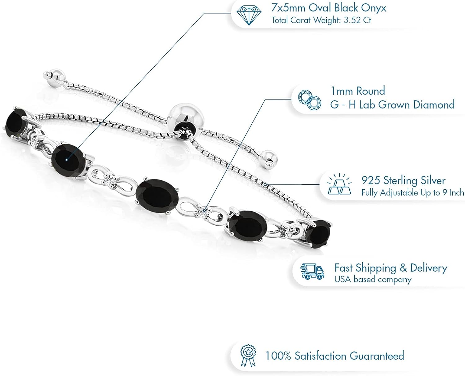 Gem Stone King 925 Sterling Silver Black Onyx and Lab Grown Diamond Women Tennis Bracelet (3.50 Cttw, 7X5MM Oval Gemstone, Adjustable up to 9 Inches): Clothing, Shoes & Jewelry