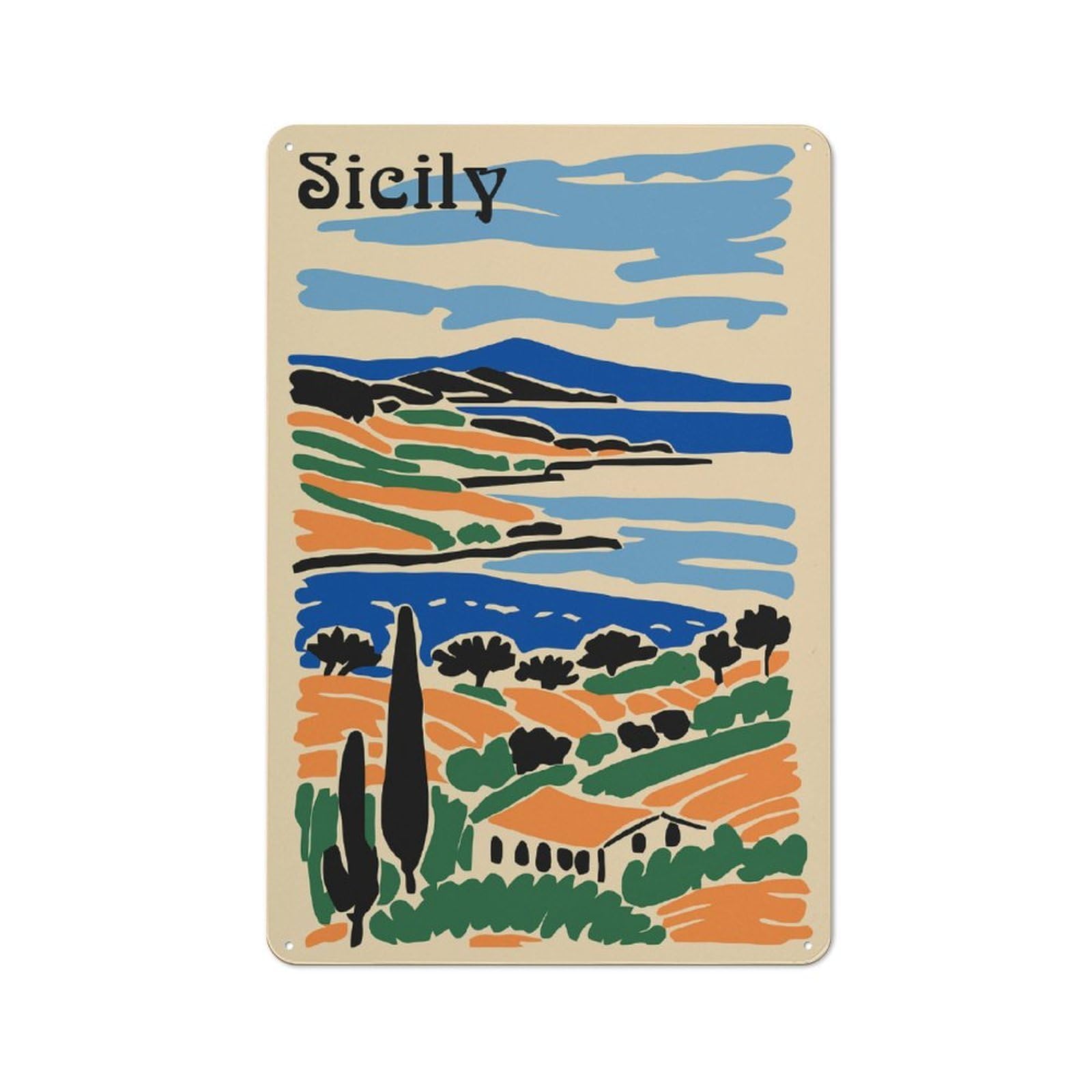 Junmoney Style-10 Tin Wall Plaque 30X20cm With Sicily Travel Poster For Workshop Wall, With Clear Retro Wall Decor Character